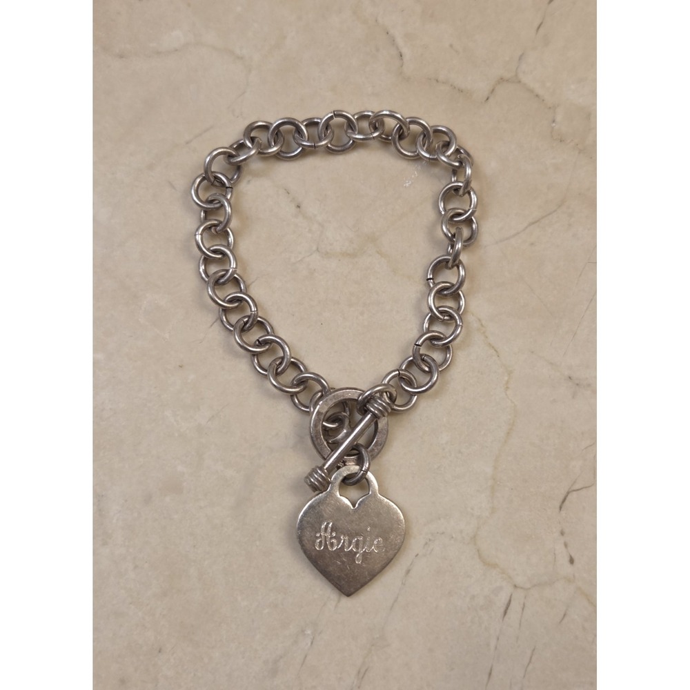 Vintage Sterling Silver Charm Bracelet Angie Engraved Heart Charm Toggle 22.45 G